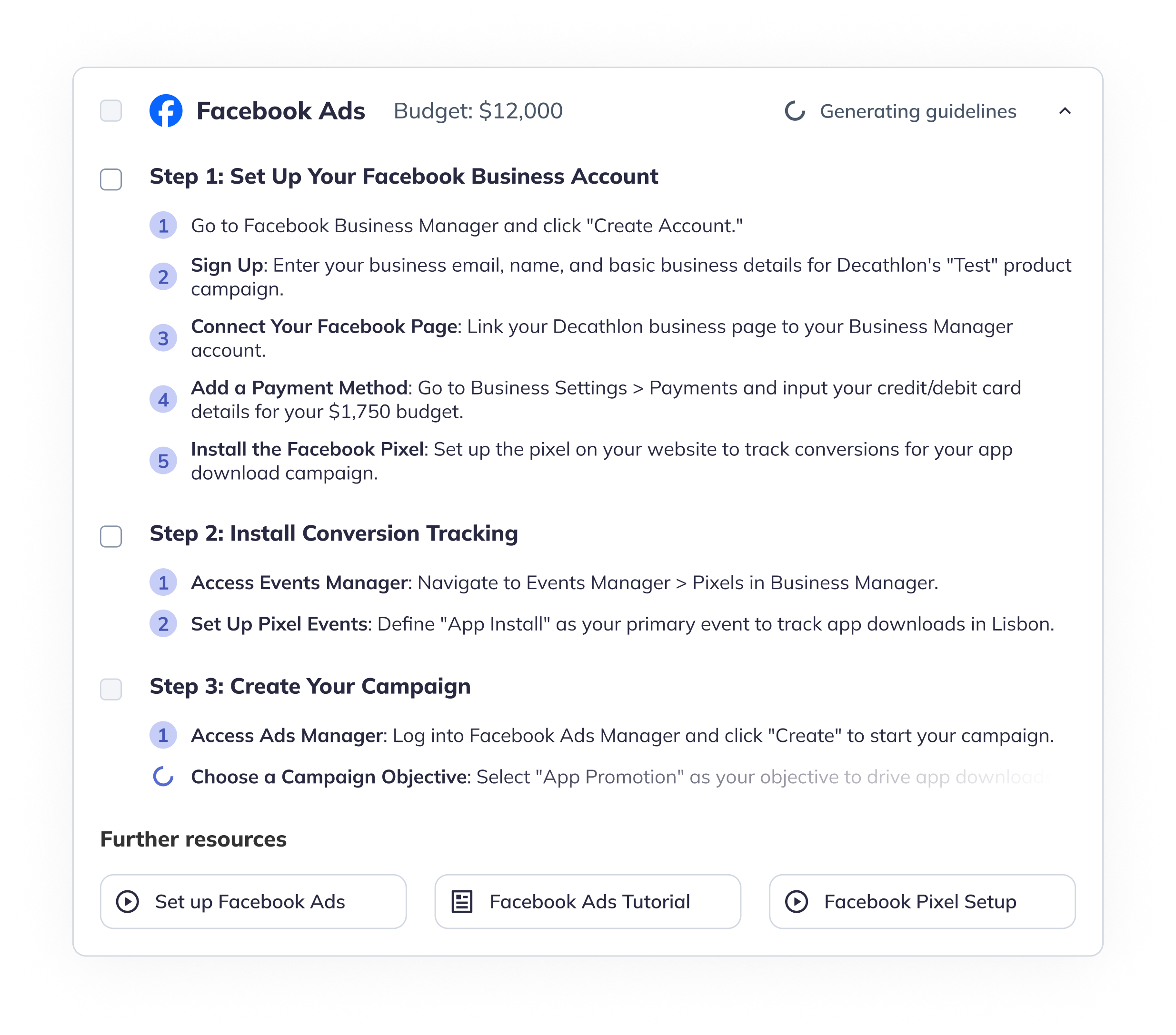 ChatROI platform showing Facebook Ads execution checklist with audience targeting and step-by-step campaign setup.