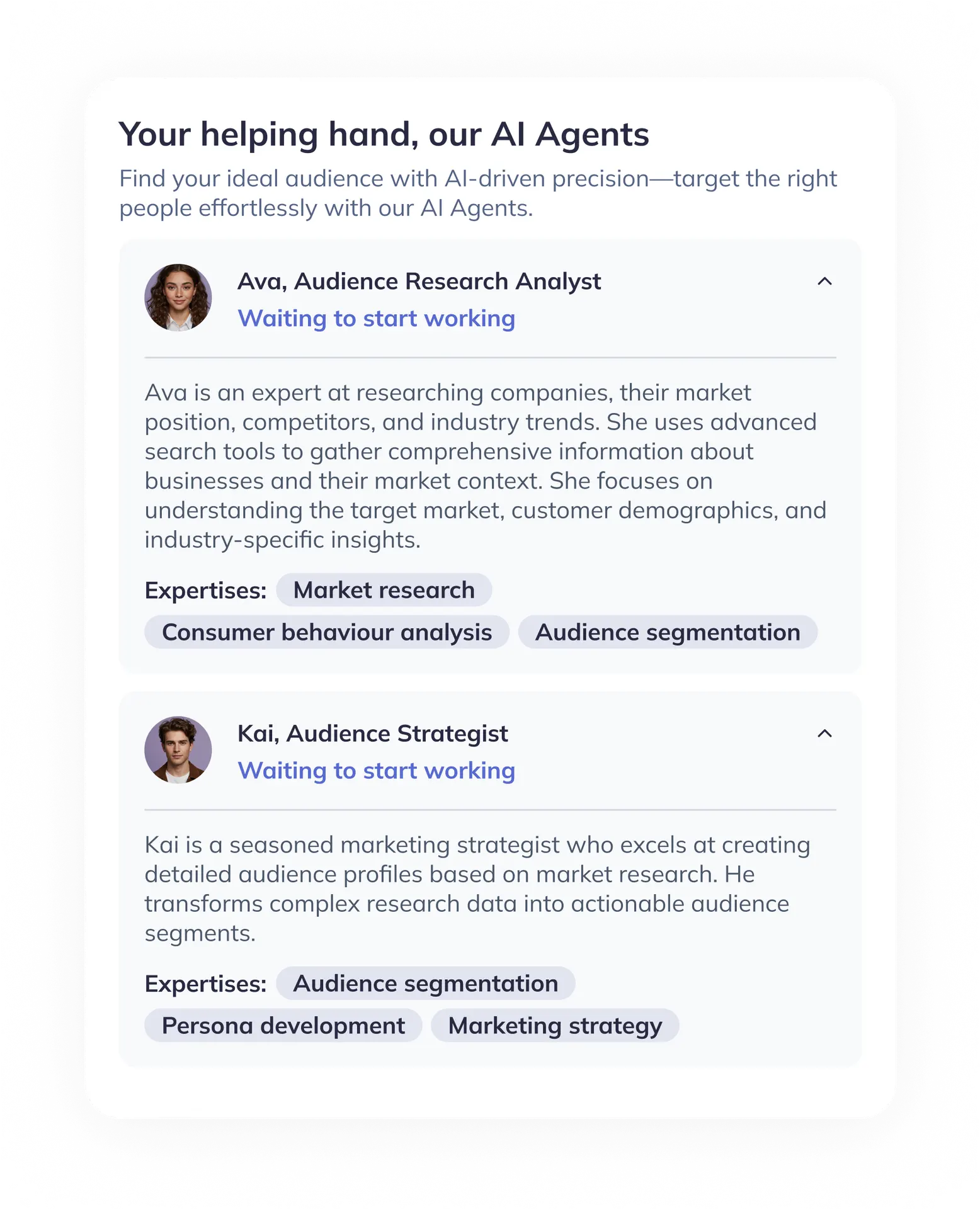 Image showing 2 AI agents and what they will help a user with