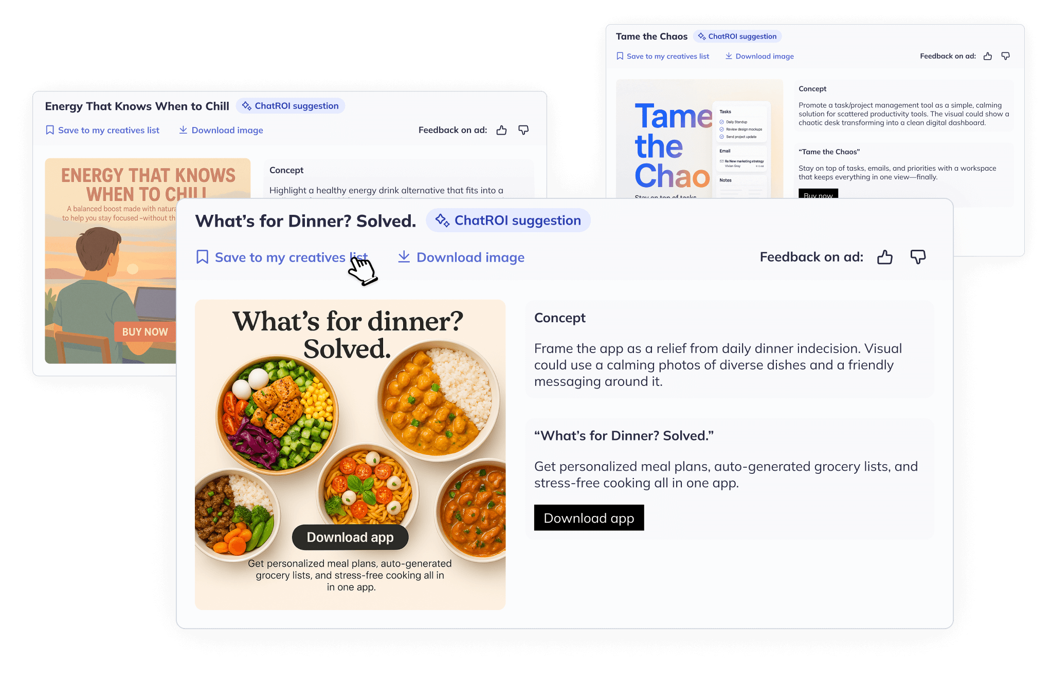 ChatROI AI creative tools generating ad copy, visuals, and concepts with virtual agents for real-time campaign creation.
